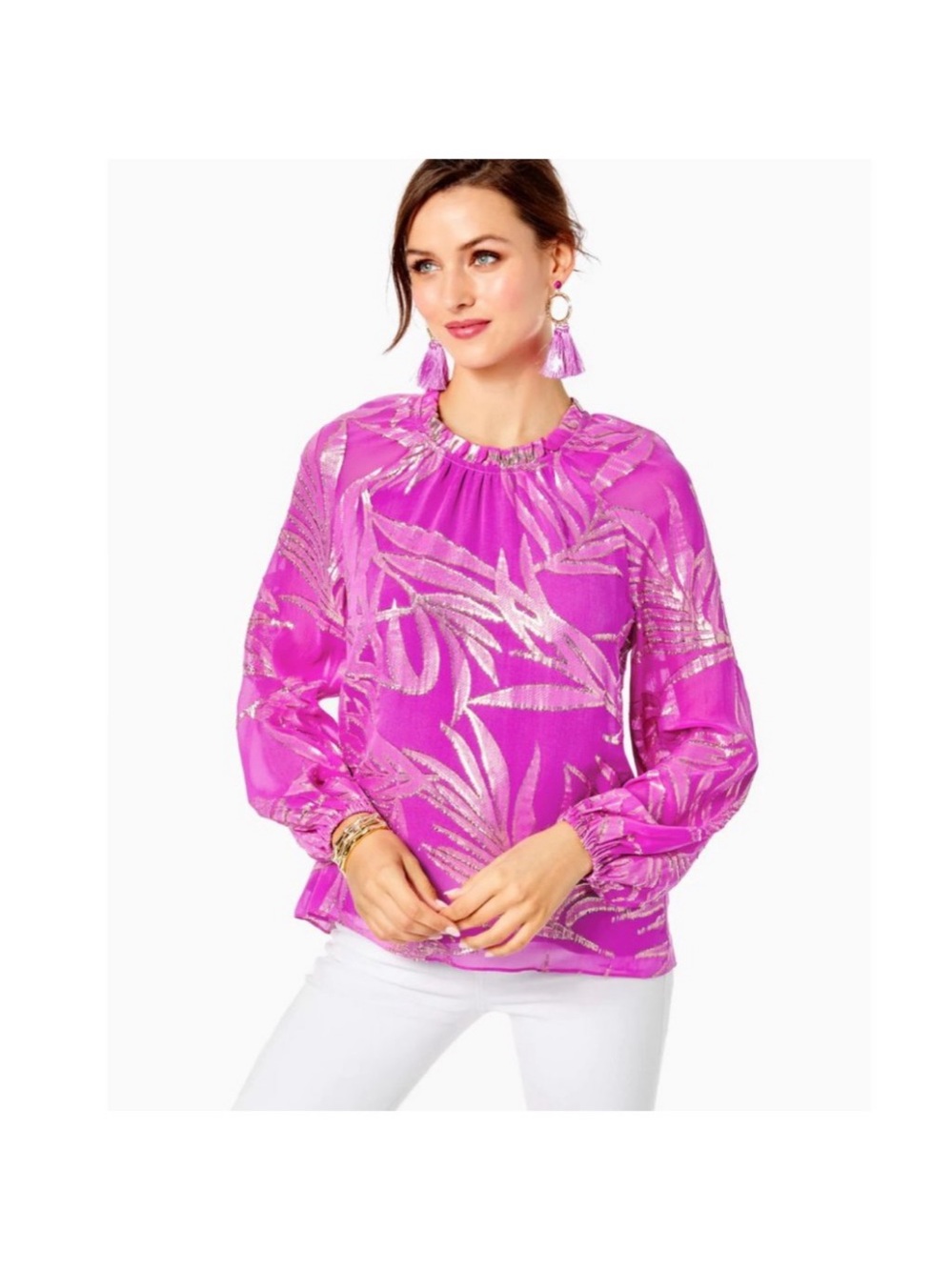 Lilly Pulitzer Caline Long-Sleeve Silk Blouse in the Wild Fuchsia Palm Leaf meta
